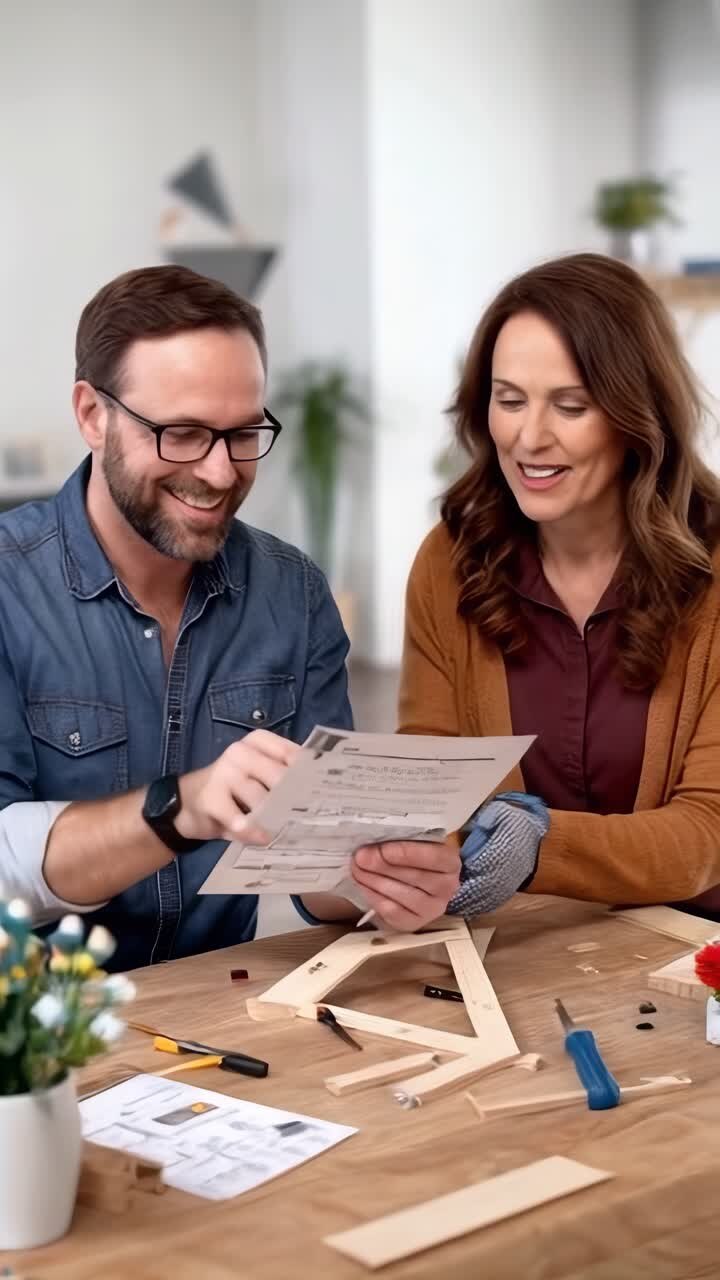 A couple reads the assembly instructions for a small piece of wooden furniture.