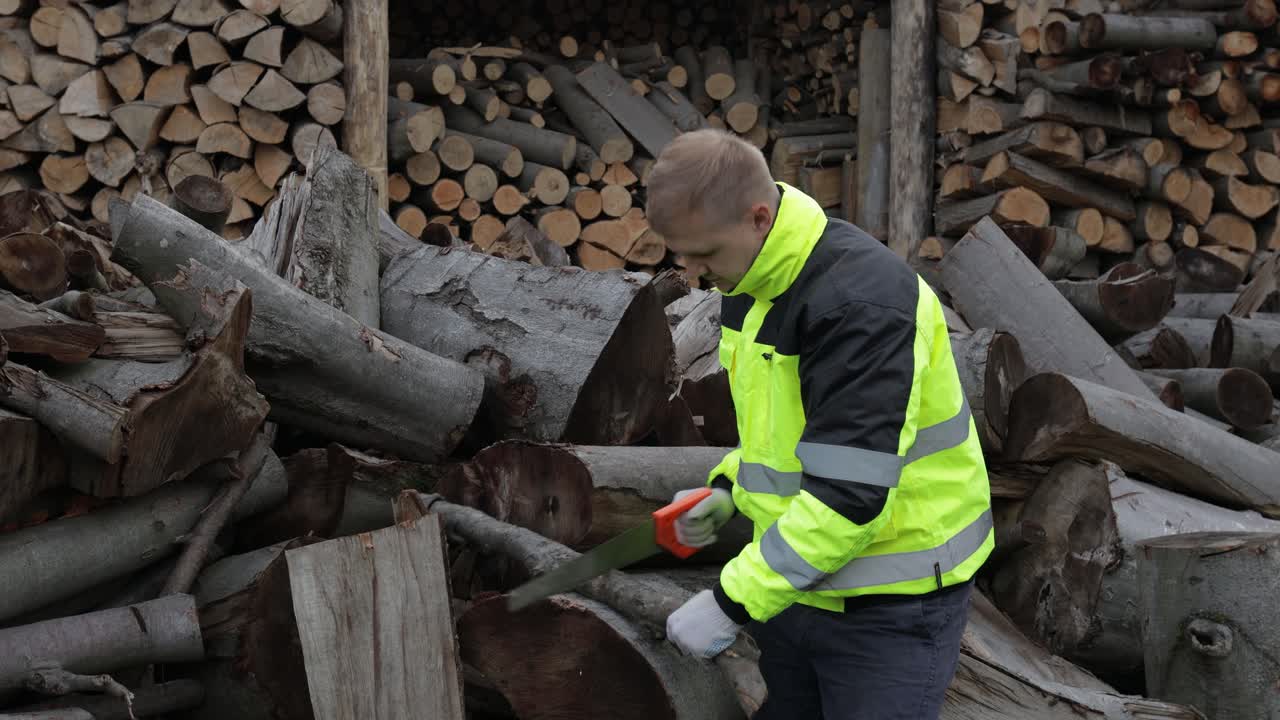 Skogshuggare. Man använder en liten såg. Sågade stockar, sågverk, ved i bakgrunden. Vedskörd.
