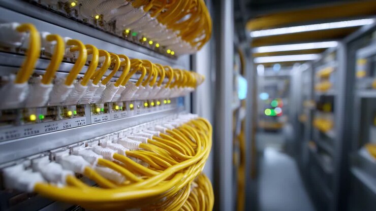An Overview of Network Infrastructure Featuring Bright Yellow Cables and Illuminated Equipment in a Modern Server Room Environment