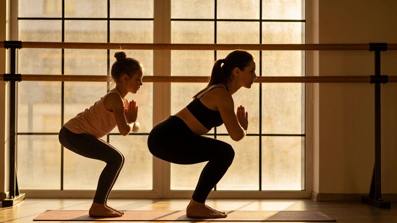 Adulto che guida un bambino che pratica squat in uno studio di barre, in abbigliamento sportivo, con tappetini e finestra.