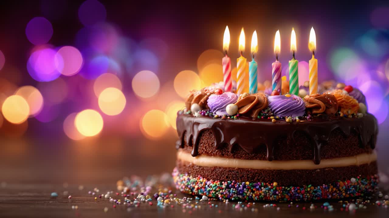 A Delightful Chocolate Birthday Cake Adorned with Colorful Candles and Sprinkles, Perfect for Celebrating Special Moments with Family and Friends