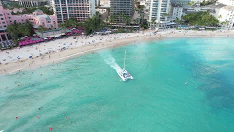 Aerial-drone-shot-of-a-sunset-dinner-cruise-departing-with-couples-looking-to-enjoy-dinner-and-drinks