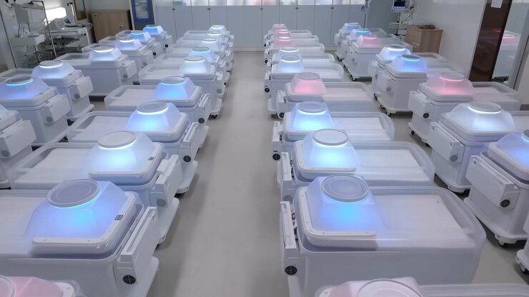 Parallel rows of identical white clinical transport units rest on caster wheels inside sterile storage room, each topped by frosted translucent dome with soft blue, cyan, or pink glow and clean