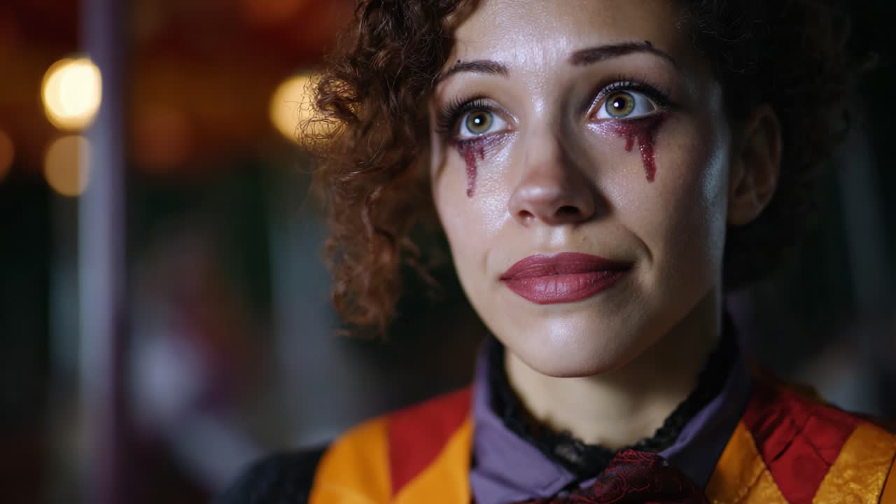 Un ritratto drammatico di un clown con trucco striato di lacrime che cattura un momento di tristezza e malinconia in un ambiente circense festoso