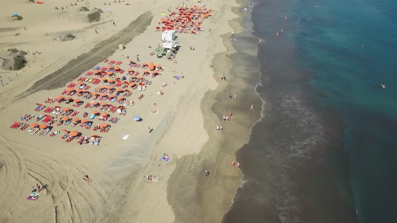 4K aerial view on the "El Veril" beach in the south of Gran Canaria in Spain, Canary Islands.