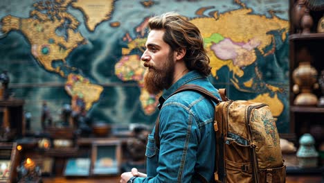 traveler examining a vintage world map in a cozy shop