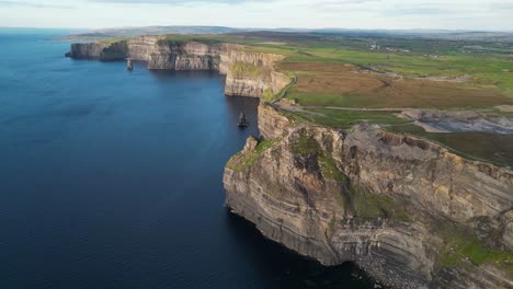 drone shot panning right to left along the cliffs of moher at sunset