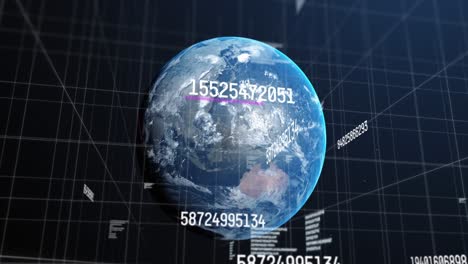 animation of numbers changing over earth in universe over grid on blue background