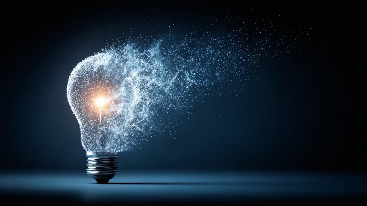 Transformative Energy: A Dynamic Representation of a Light Bulb Evolving into a Burst of Brilliant Particles, Exploding with Creativity and Innovation in a Darkened Space