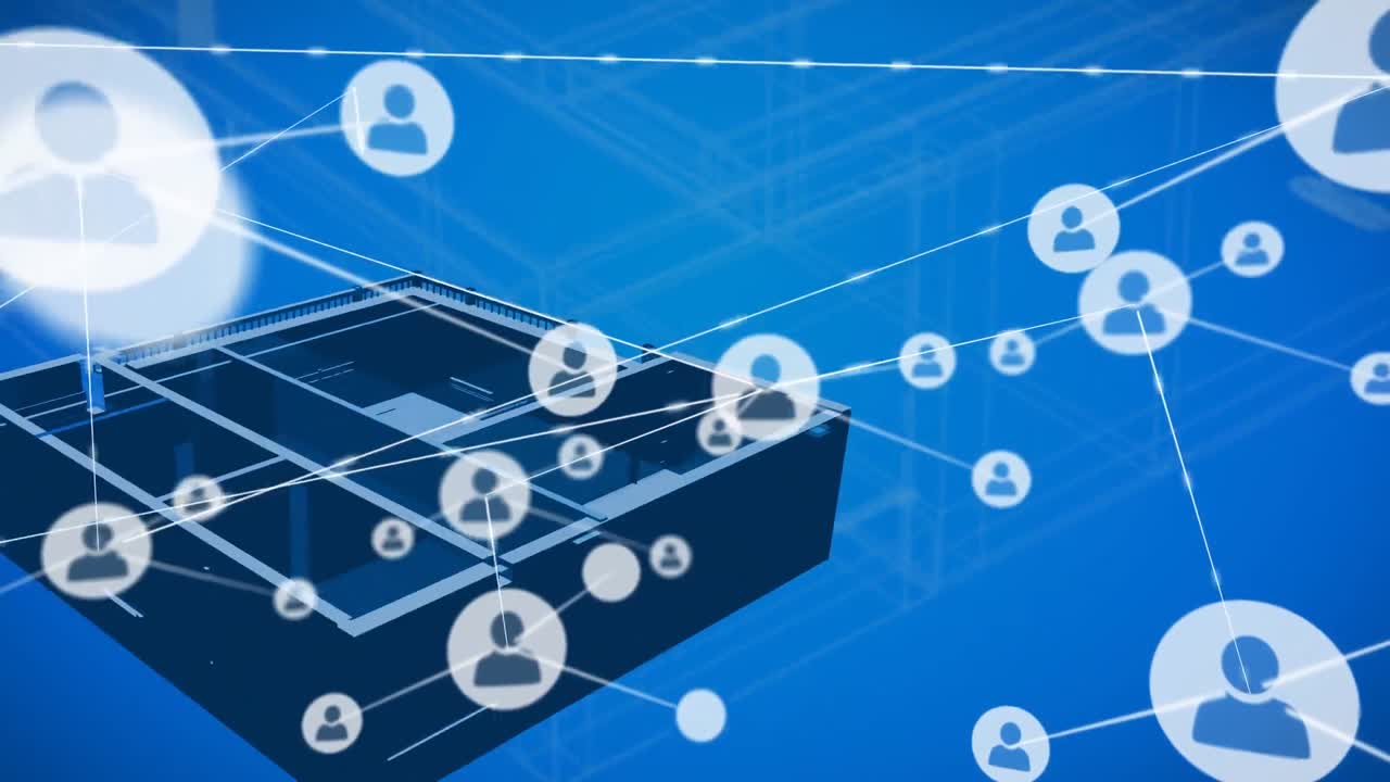 3d 집 모델 위에 아이콘으로 연결된 네트워크의 애니메이션