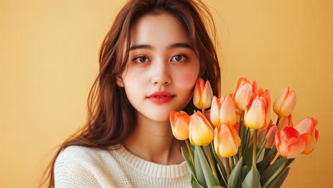 portrait of a young woman with a bouquet of orange tulips