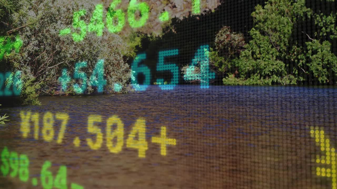 After fade-in digital finance overlay updating rates every second over river showing market shifts