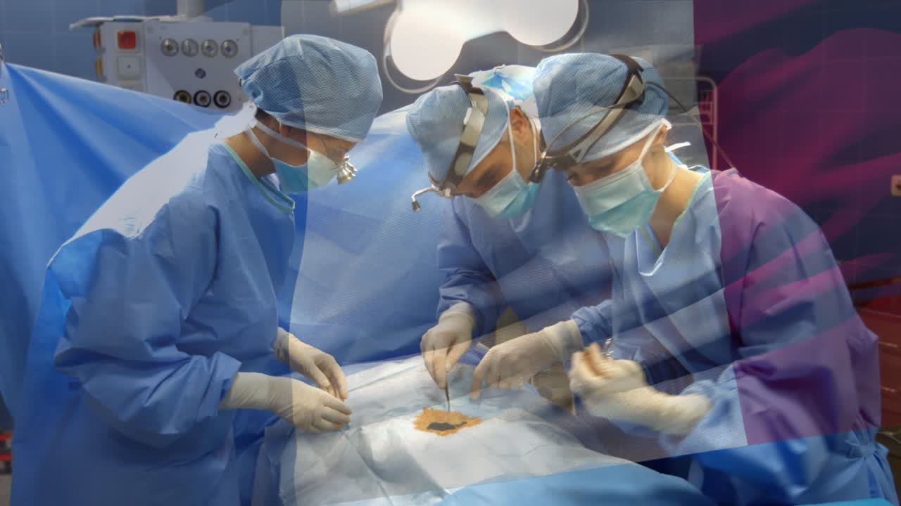 animación de la bandera de francia ondeando sobre los cirujanos en el quirófano