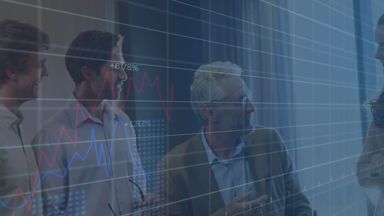 Animation of statistical data processing over diverse businesspeople discussing together at office