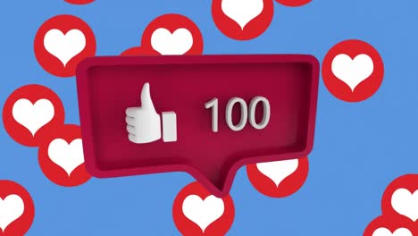 speech bubble with thumbs up icon and increasing numbers against heart icons on blue background