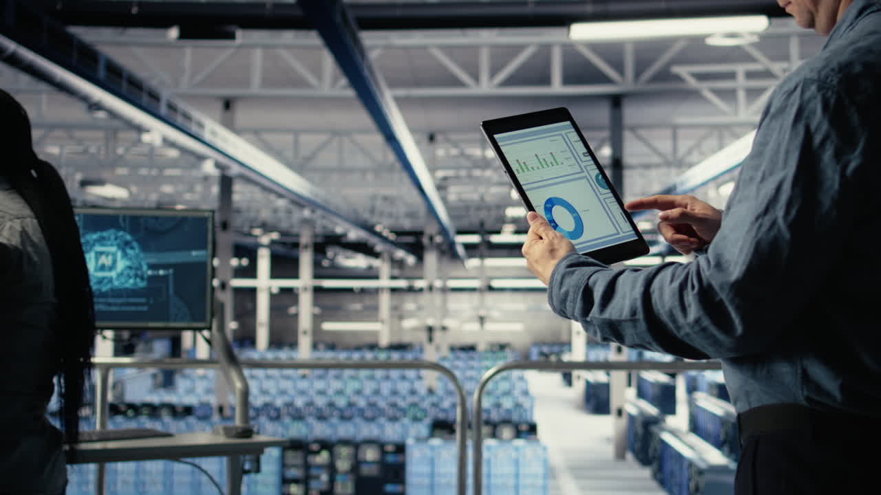 Close Up Of Data Center Employee Checking Infrastructure Diagnostics On Tablet