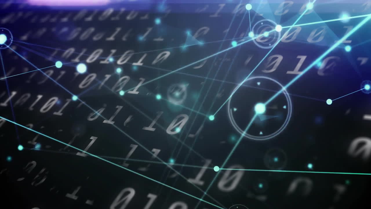 어두운 배경에서 바이너리 코드와 네트워크 연결을 애니메이션화합니다.