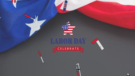 animation of labor day celebrate text over tools and american flag