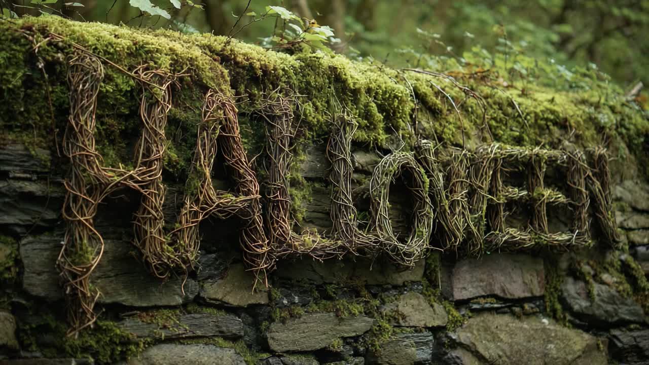 Natural halloween decoration featuring the word Halloween spelled out with twisted vines, resting on an old, moss covered stone wall in a dark and mysterious ancient forest setting