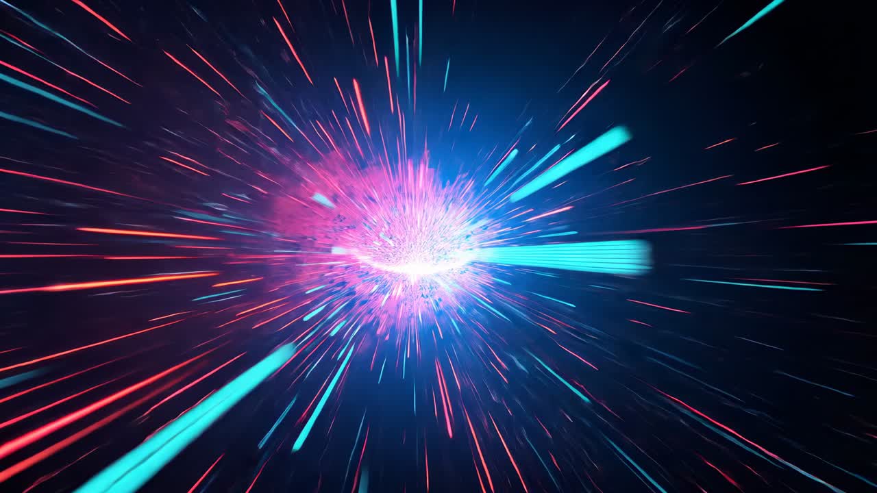 Glowing digital particle sphere pulsing brightness, causing neon streaks surging across void