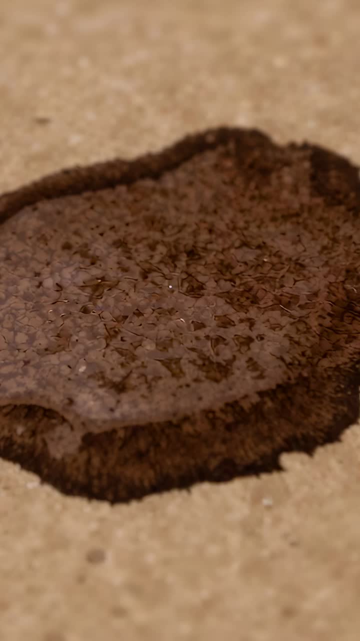 Vertical video: Shifting camera revealing dark puddle drying on beige floor with grainy residue