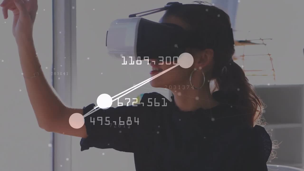 Animation of connections with coordinates over caucasian woman in vr headset