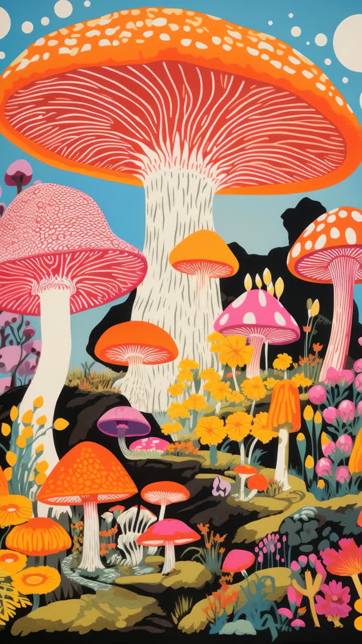 Vibrant video game-style illustration of oversized mushrooms in a whimsical forest