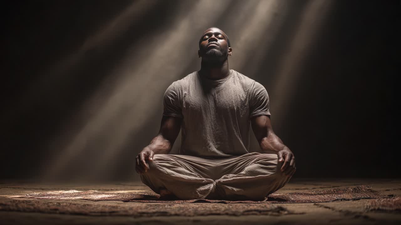 Yumuşak Işıkla Çevrili Meditatif Pozda Bir Adam, Dingin ve Loş Işıklı Bir Ortamda Sakin Bir Halı Üzerinde İç Huzur ve Yansıma Anını Yakalıyor