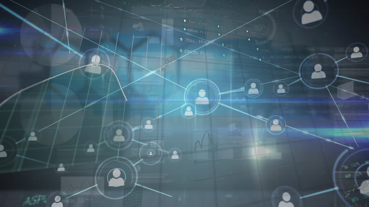 Animation of financial data and network of connections with icons on blue screen with hexagons