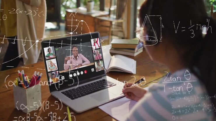 Animation of mathematical equations on asian girl having video conference with teacher and students