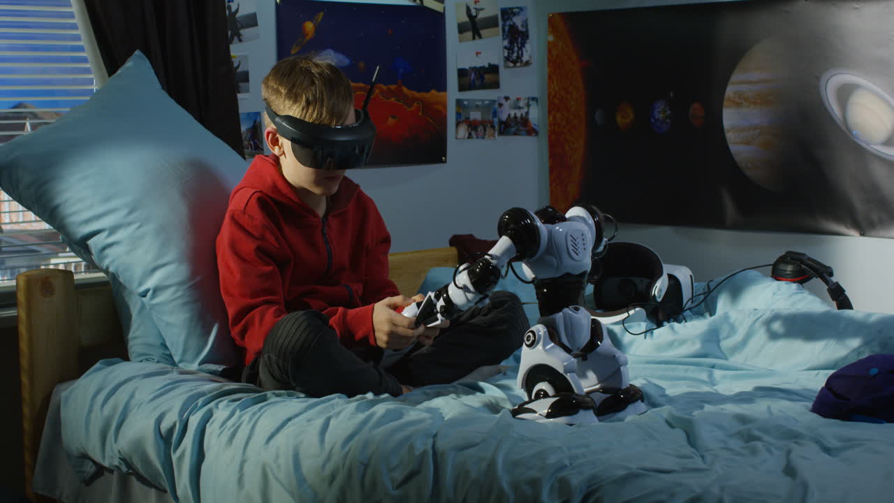 Boy Playing VR Game with Robot