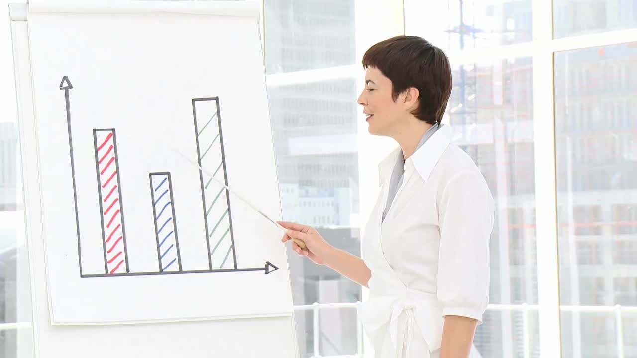 자신감 있는 사업가 여성 이 판매 수치 를 보고 하고 있다