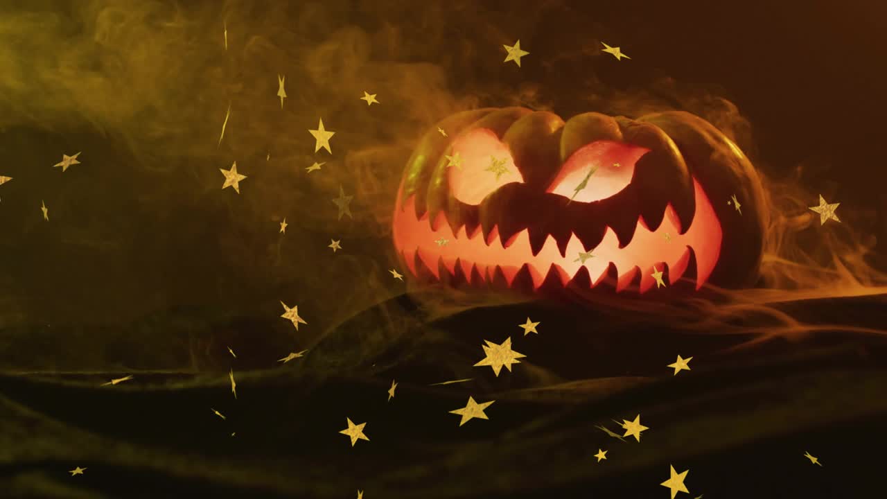At opening carved pumpkin emitting glow, golden stars drifting amid fog enhancing Halloween mood