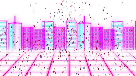 confetti falling over neon cityscape animation with pink grid foreground