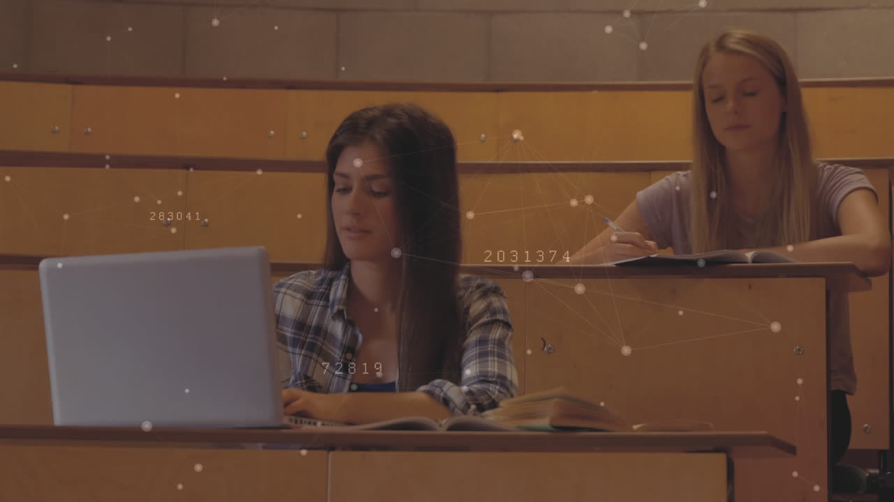 Animation of two women sitting in a classroom over a web of connections