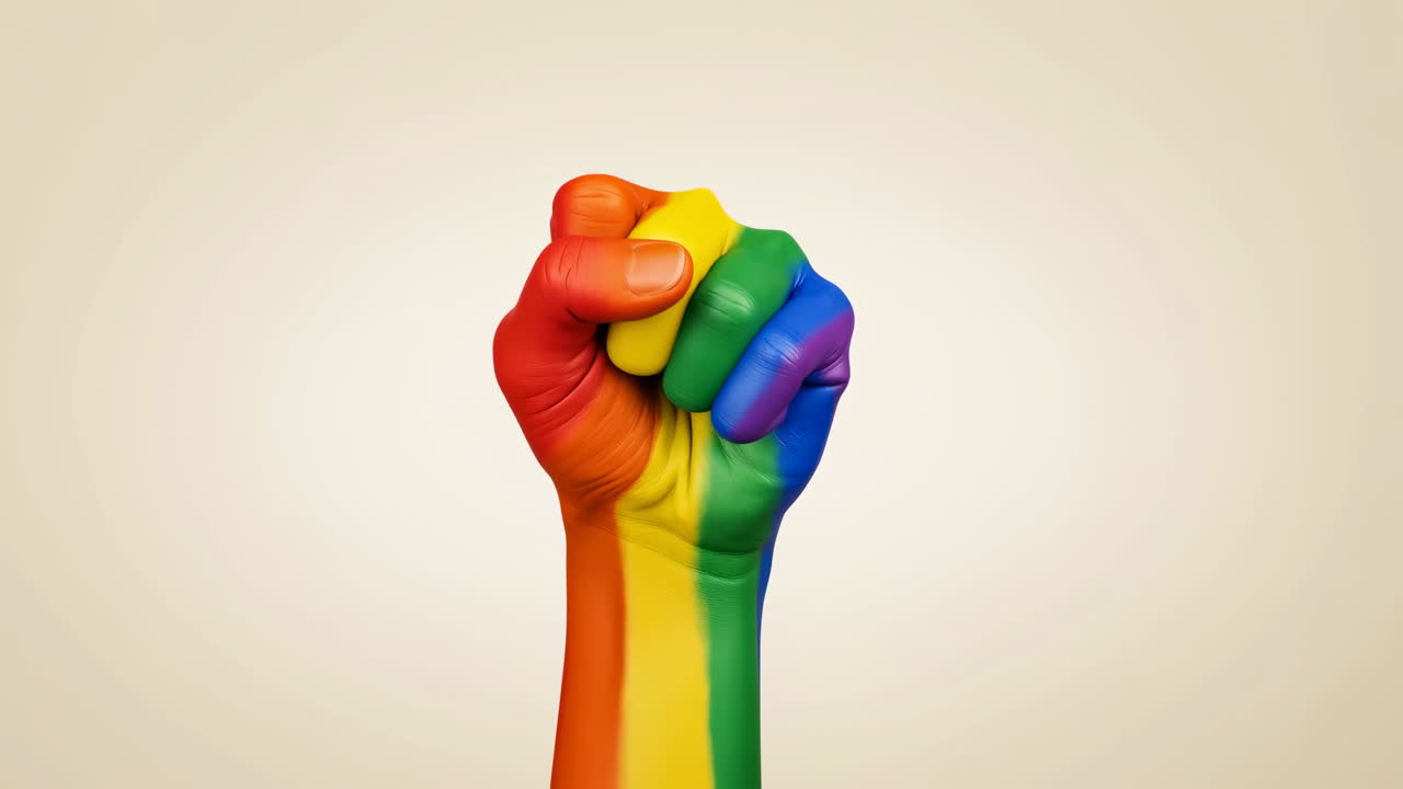 Mano dipinta con i colori dell'arcobaleno che si stringe a pugno