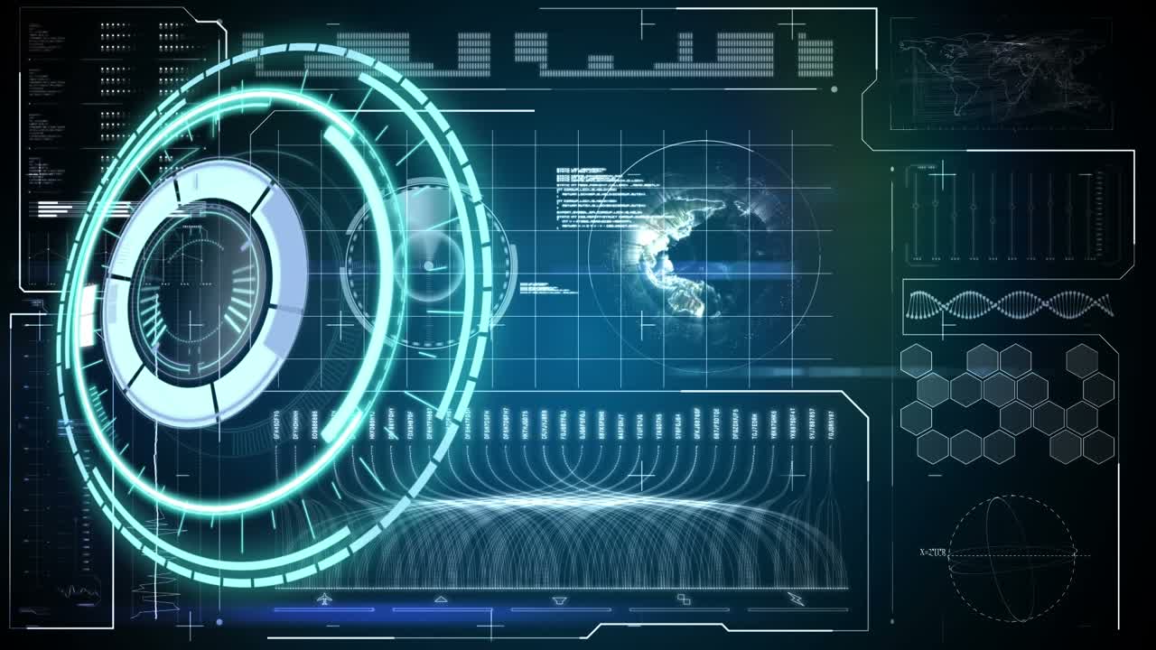 Animation of processing circle over screen with diverse data
