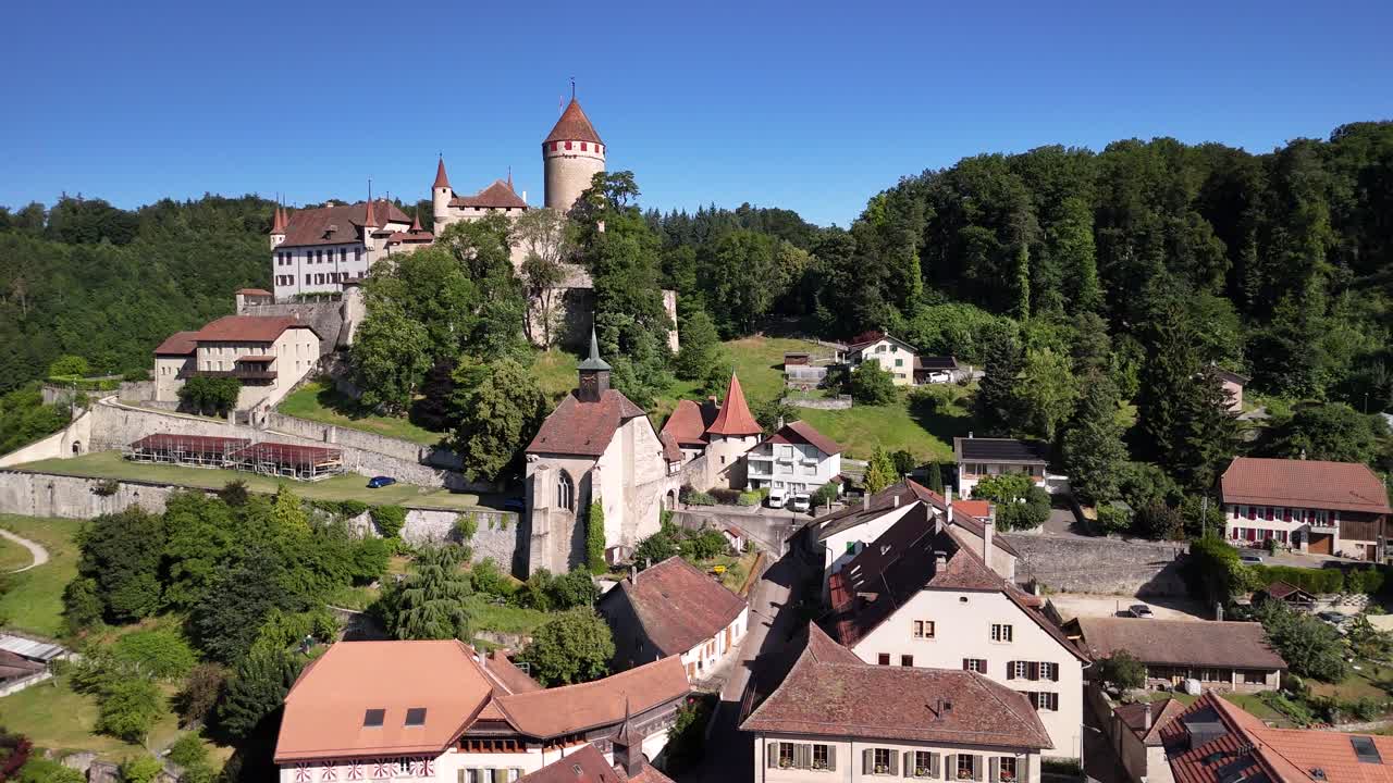 Medieval town Lucens Switzerland aerial drone Swiss heritage site mountain resort city