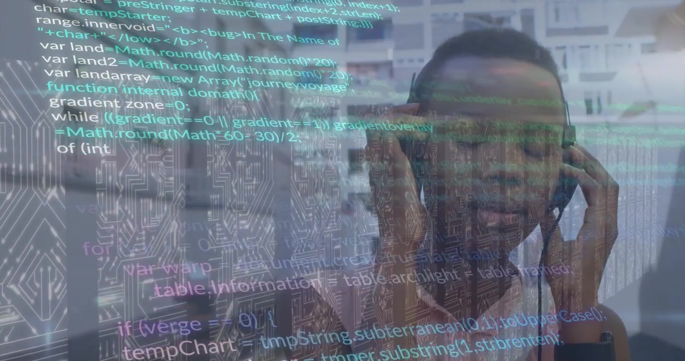 Young Man Listening to Music with Digital Code Overlay