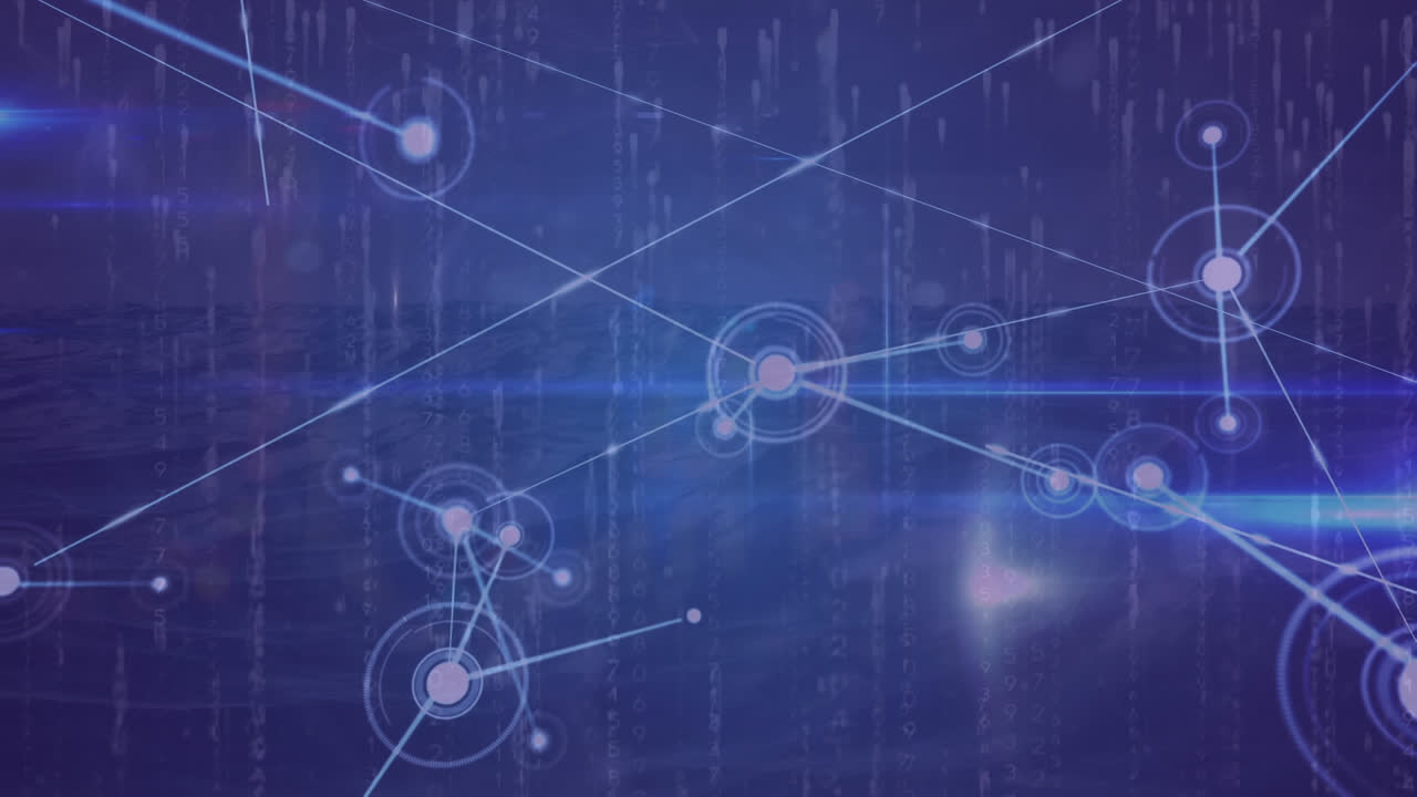 Animation of network of connections and light trails against digital wave against blue background