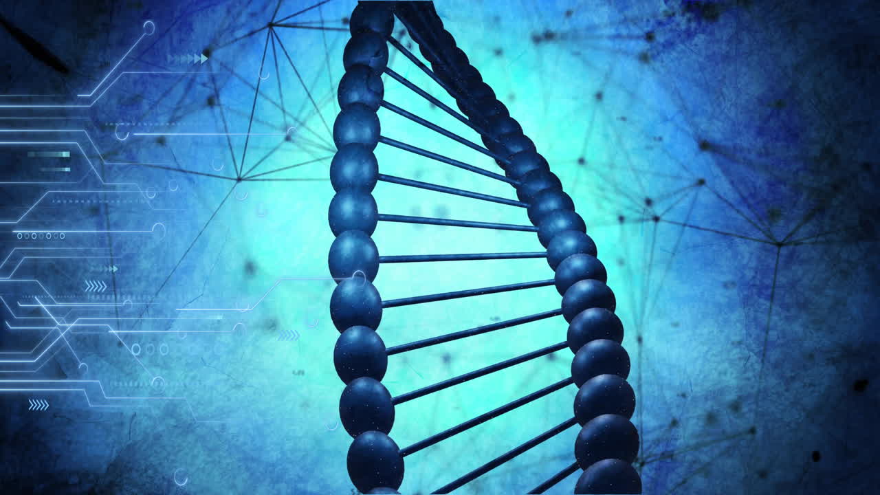 animación de la cadena de adn y las conexiones en fondo azul