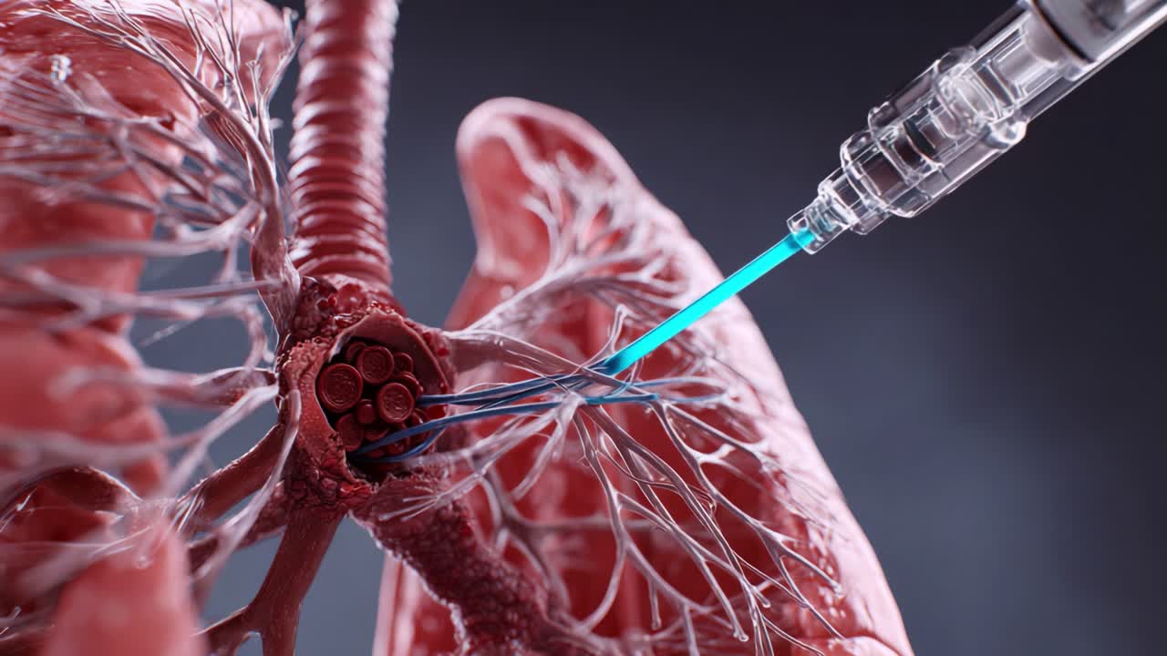 An Intricate Visualization of a Medical Procedure Involving a Syringe Injecting Therapeutic Agents into the Airways, Showcasing the Lungs' Vascular Structure and Detail