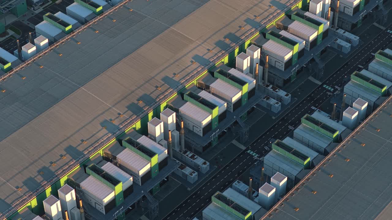 Vista aerea di un grande data center AI all'alba