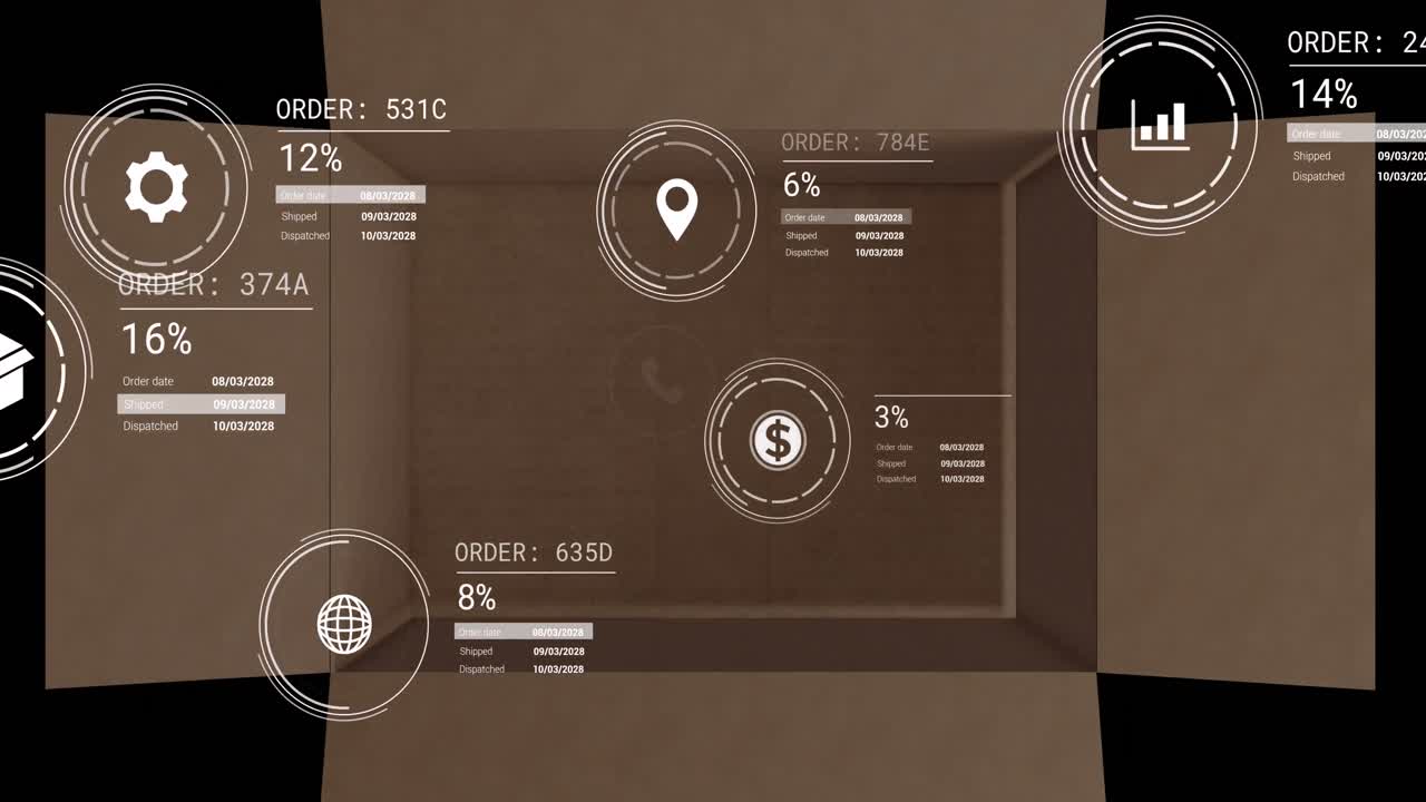 animación de iconos con procesamiento de datos sobre caja abierta sobre fondo negro