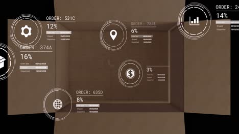 animation of icons with data processing over open box on black background