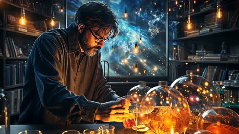 scientist conducts experiments with glowing potions in a laboratory