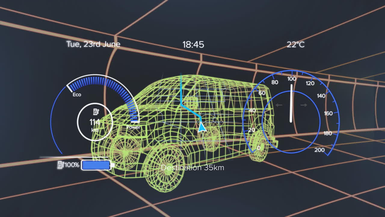 animación de velocímetros, números y icono de batería sobre un modelo 3d de furgoneta contra un fondo negro