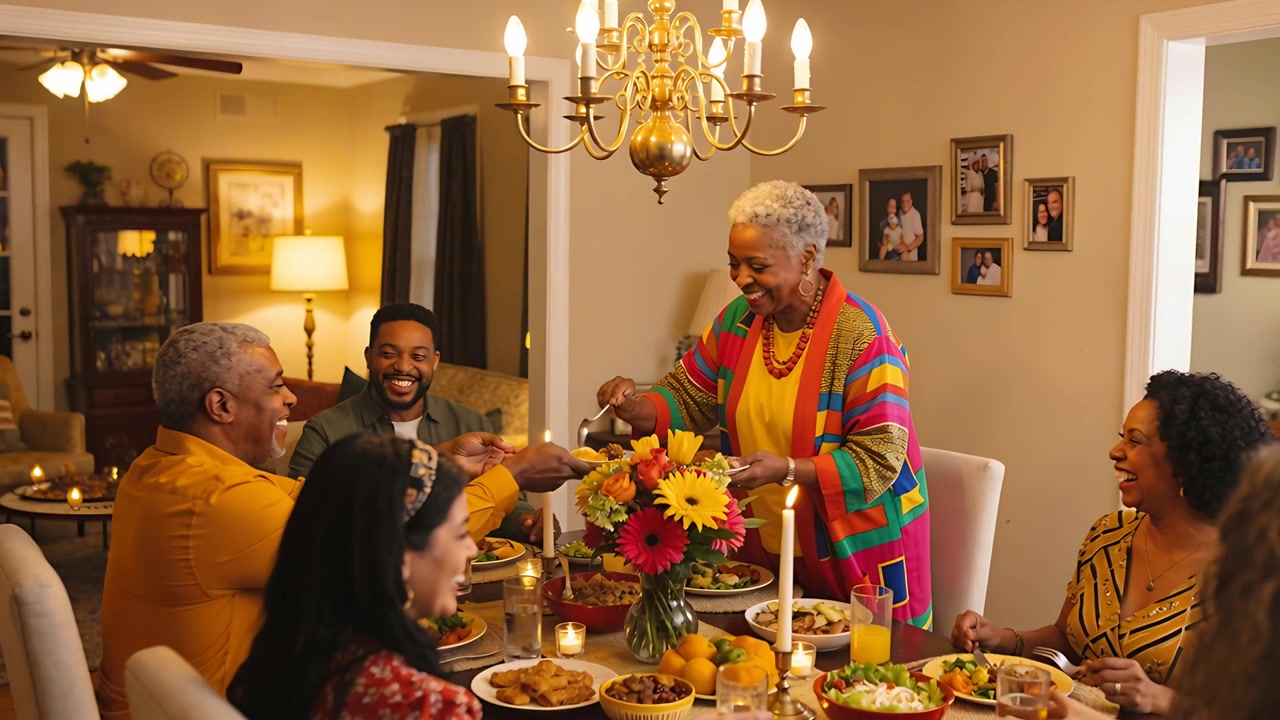 Mujer mayor con cárdigan amarillo sirviendo bandejas en la mesa de casa, con invitados brindando por la comida familiar.