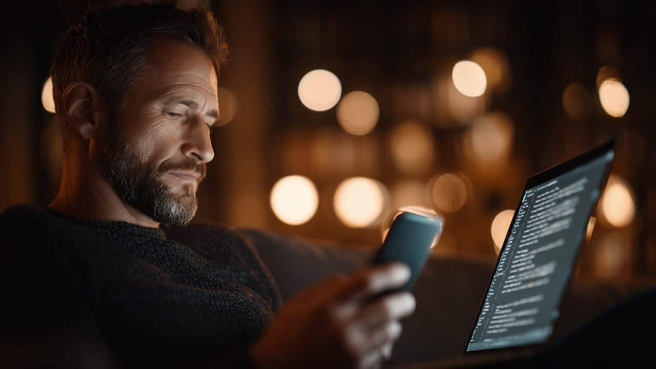 A Focused Individual Engaged in Mobile Communication While Utilizing a Laptop in a Cozy Environment Surrounded by Soft, Ambient Lighting for Enhanced Concentration