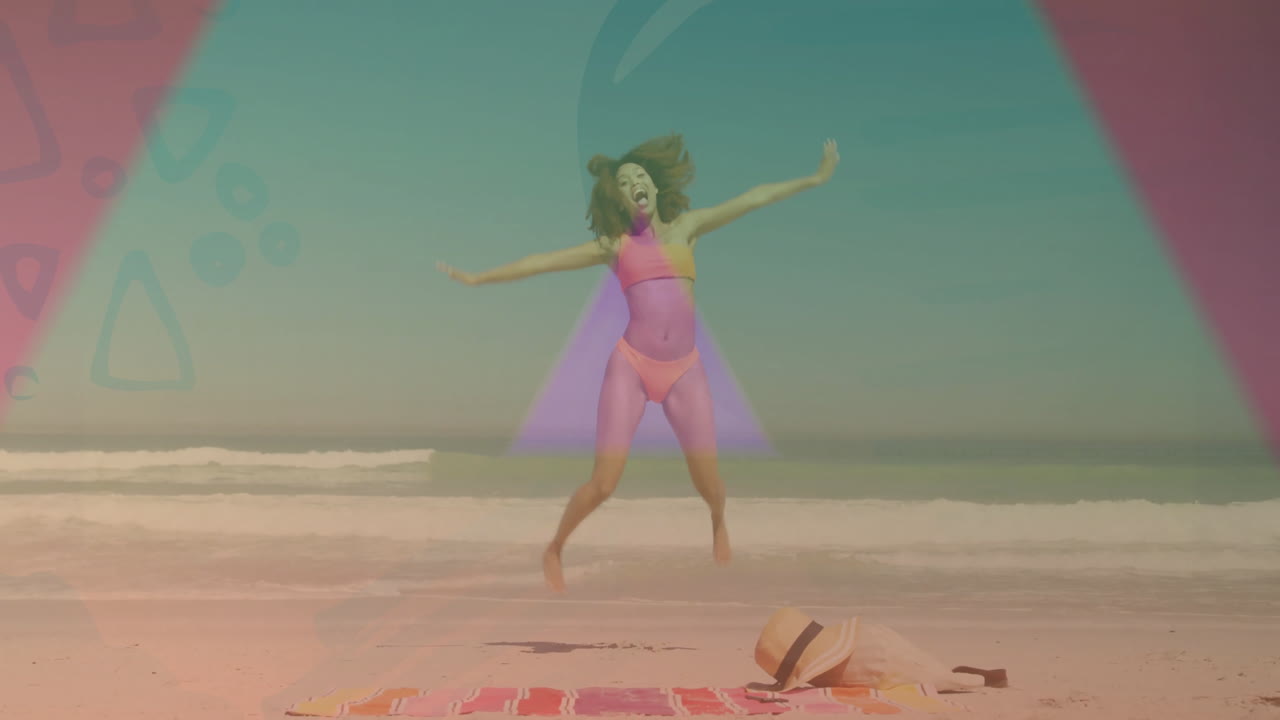 mujer bailando en la playa bajo coloridos focos de animación